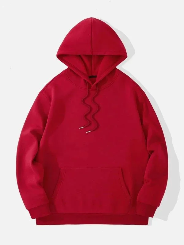 Custom Fashion 100% Polyester Street Wear Blend Red Pure Color Plain Pocket Pullover Hoodies with String