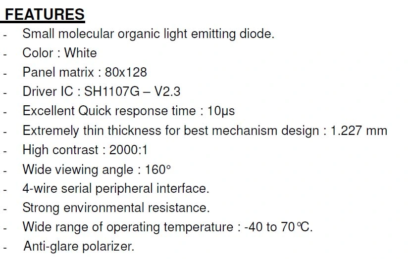 0.78 Inch OLED Screen with Resolution 80X128 / Spi Interface