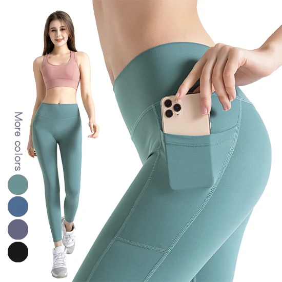 Yoga Fitness Pants Women's taille haute Hip Lift Peach HIPS Poches latérales doubles Naked Sport Pants Workout Leggings noirs