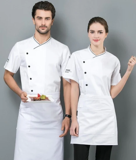 2023 nouveaux boutons de haute qualité vêtements de travail de cuisine d'hôtel avec poches uniforme de Chef à manches courtes pour hommes et femmes