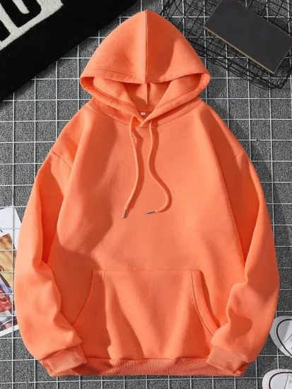 Fabrication OEM Design personnalisé Couleur unie unisexe orange 100 % polyester Manches régulières Poche kangourou avec cordon de serrage Sweats à capuche doublés thermiques